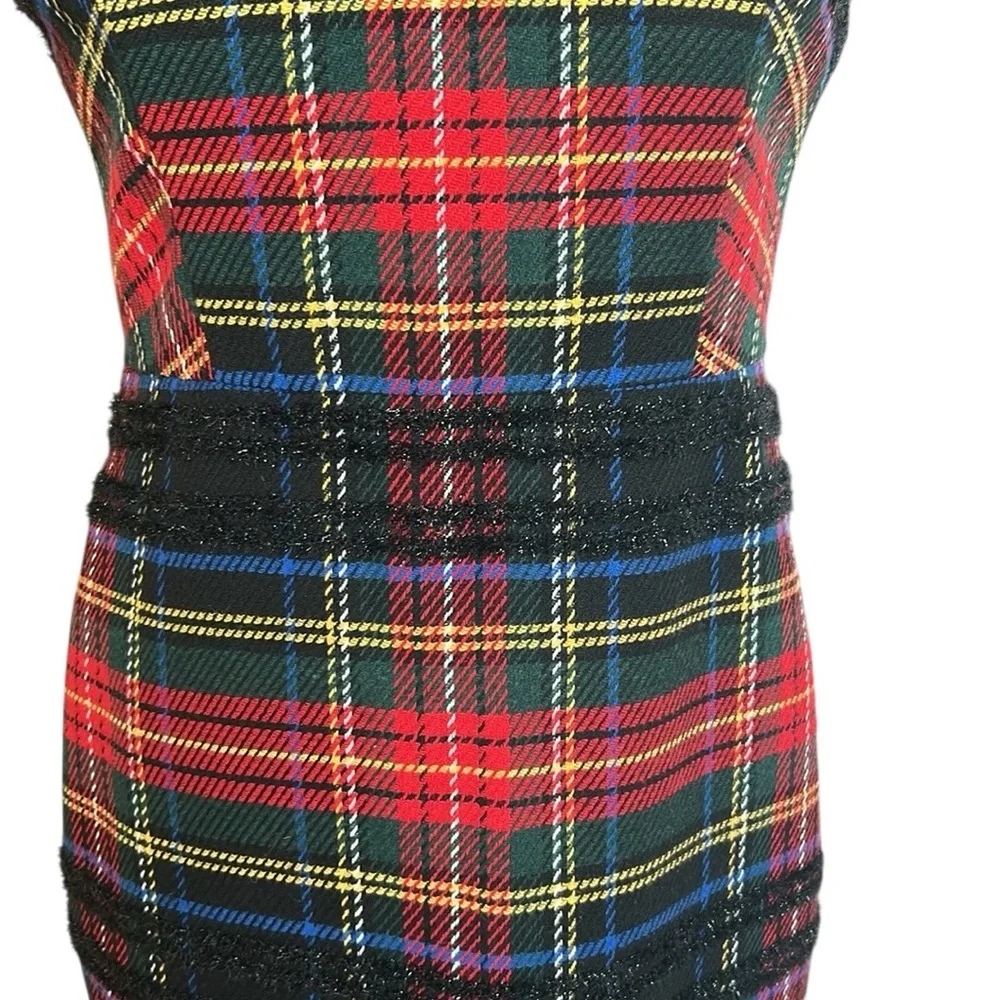 J. Crew Lurex Stewart Tartan Plaid Sleeveless Sheath Dress Holiday Red/Black 10P